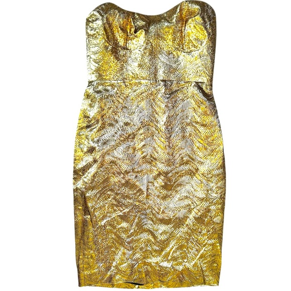 J. Crew Collection Gold Metallic Bodice Jacquard Leaf Cocktail MIDI Dress 10 NWT - Picture 3 of 14